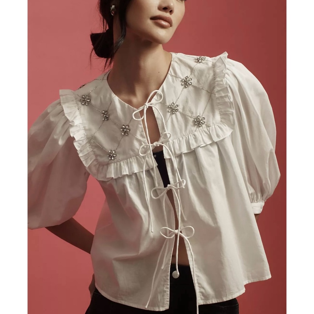 RHODE Tilly Top Embellished with Crystals Tie Up Puffy Sleeve Cotton Blouse